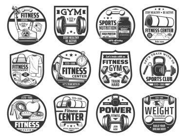 Spor salonu ikonları, spor kulübü ve ağırlık çalışması. Dambıl, halter ve kettlebell, spor beslenme proteini, egzersiz bisikleti ve minder. Spor salonu ekipmanları ve tek renkli amblemler.