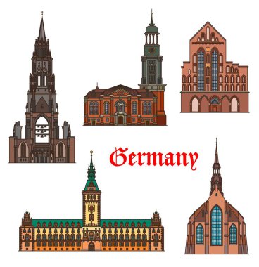 Almanya, Hamburg ve Lubeck mimari binaları, vektör seyahat yerleri. Alman Hamburg Rathaus belediye binası, St. Catherine, Saint Michael ve Nicholas ortaçağ kiliseleri, Holstein Almanya