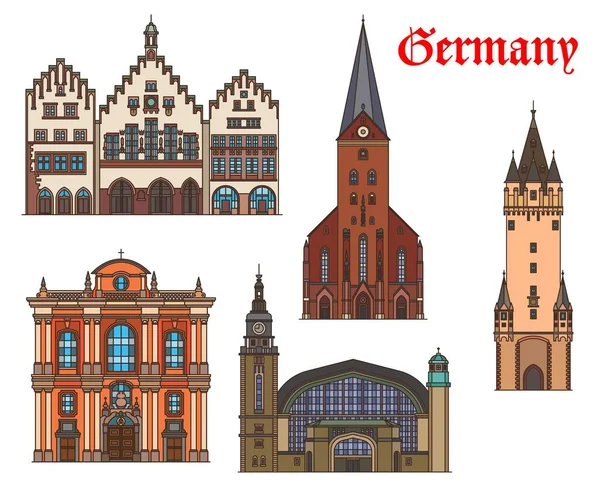 慕尼黑和法兰克福的建筑 矢量旅游地标 火车站Hauptbahnhof 美因河畔法兰克福的Romer市政厅 Eschenheim塔和圣彼得教堂 — 图库矢量图片