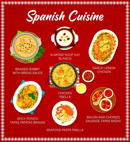 Ισπανική Κουζίνα Vector Menu Κοκκινιστό Κουνέλι Σάλτσα Ψωμιού Αμυγδαλόσουπα Ajo — Διανυσματικό Αρχείο