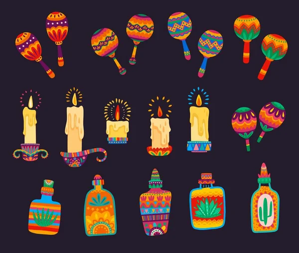 Mexican Cartoon Maracas Candles Tequila Bottles Vector Ethnic Ornaments Bright — Stock Vector