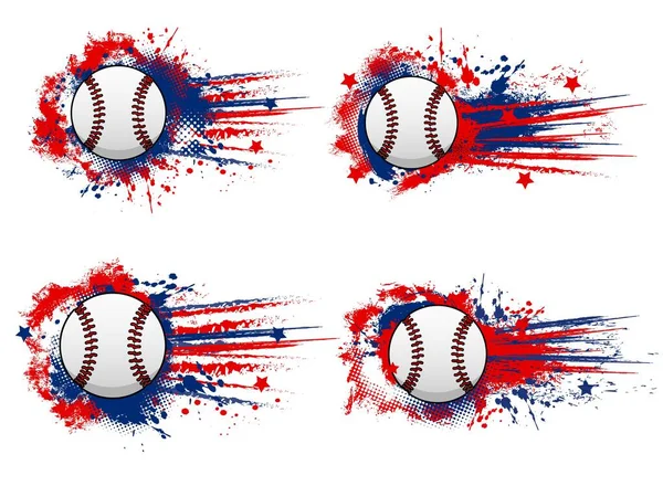 Baseball or softball sport grunge banners. Baseball ball flying with speed, red and blue paint vector splashes, star and halftone. Softball sport team fan club, tournament or championship retro banner