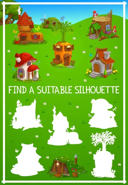 Fairy Houses Kids Game Find Correct Silhouette Vector Riddle Cute — Stock Vector