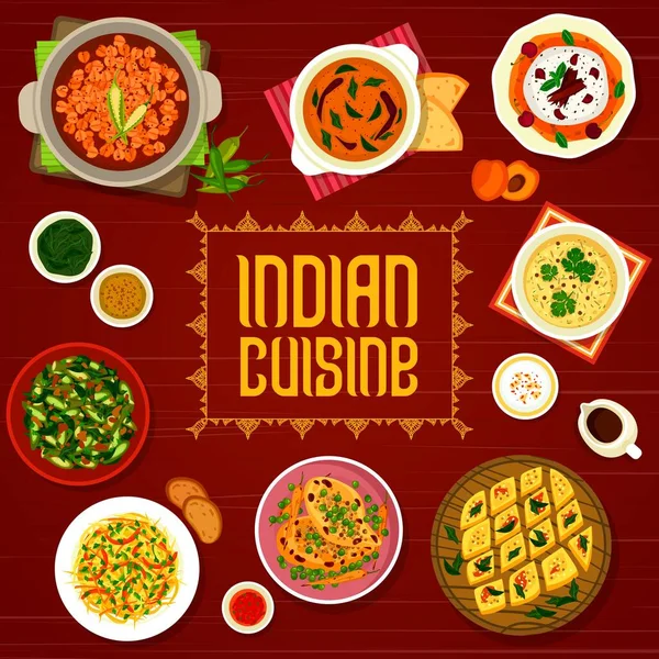 Indische Küche Restaurant Speisekarte Mit Vektorgewürz Lebensmittel Von Fleisch Und — Stockvektor
