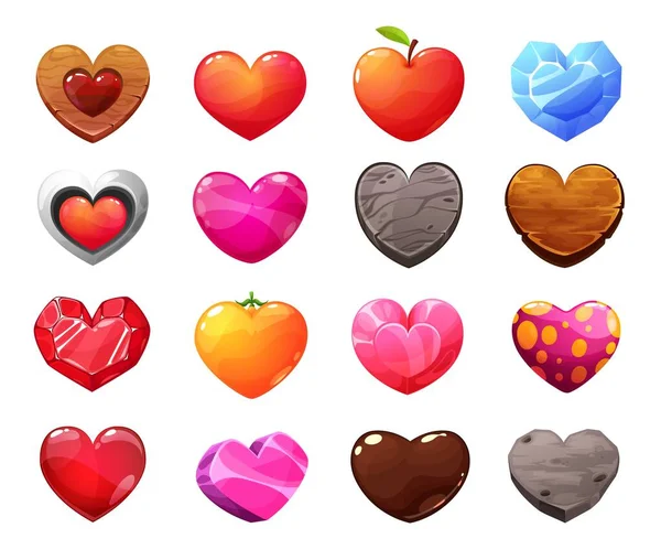 Καρτούν Καρδιές Εικονίδια Ξύλινο Μήλο Και Πορτοκάλι Φρούτα Πολύτιμος Λίθος — Διανυσματικό Αρχείο