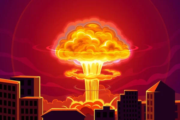 城市卡通矢量背景下的原子弹爆炸 核电厂事故 大规模杀伤性武器在战争中的冲突 核爆炸爆炸和蘑菇云 起火的城市建筑 — 图库矢量图片