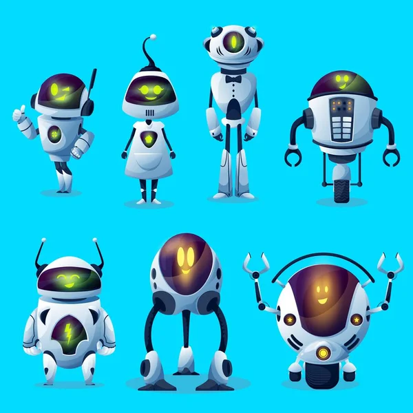 Robots Cartoon Toy Android Bot Characters Vector Cyborg Monsters Wheels — Stock Vector