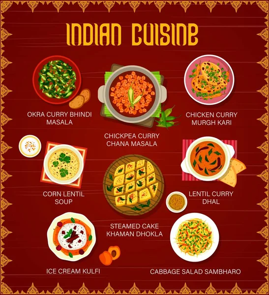 Masakan India Menu Restoran Dengan Vektor Kari Hidangan Sayuran Dan - Stok Vektor