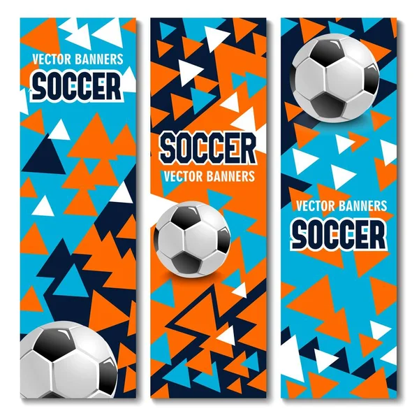 Futebol Banners Futebol Cartões Vetoriais Com Bolas Realistas Padrão Triângulo — Vetor de Stock