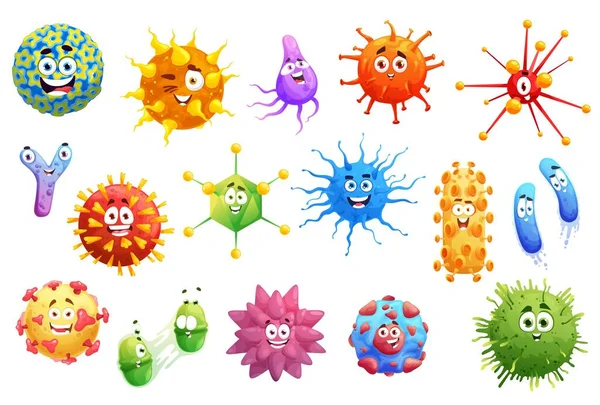 Virus Dibujos Animados Microbios Bacterias Caracteres Vectoriales Gérmenes Lindos Con — Vector de stock