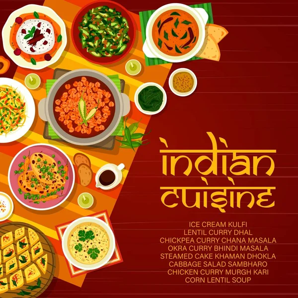 Indyjskie Menu Restauracji Obejmuje Dania Wektorowe Curry Warzyw Mięsa Żywności — Wektor stockowy