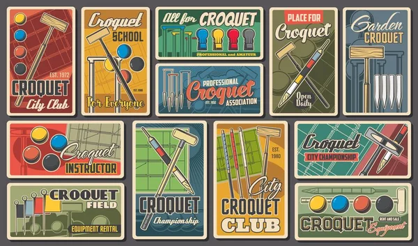 Croquet Sport Championship Club Retro Posters Vector Equipo Juego Croquet — Archivo Imágenes Vectoriales