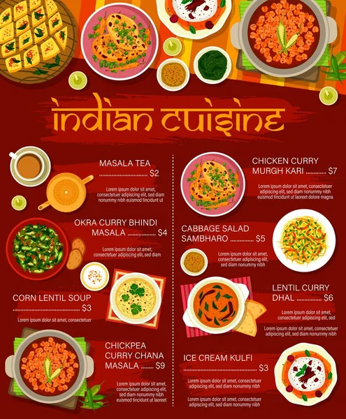 Indian Restaurant Menu Vector Spice Food Vegetable Meat Curry Dishes — Stock Vector