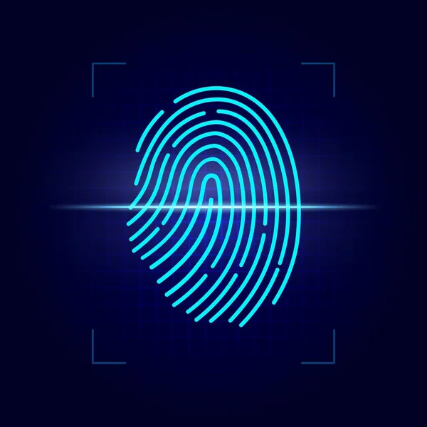 Fingeravtrycksläsning Biometrisk Identifiering Vektor Design Fingeravtryck Från Digital Laserskanner Personidentitetskontroll — Stock vektor