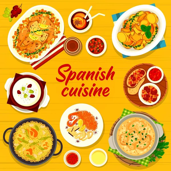 İspanyol mutfak vektör menüsü baharatlı patates tapas patatas bravas, haşlanmış ekmek soslu tavşan ve badem çorbası jo blanco. Deniz ürünleri makarna paella, pastırma ve sucuklu sosis tapas migas İspanya yemeği.