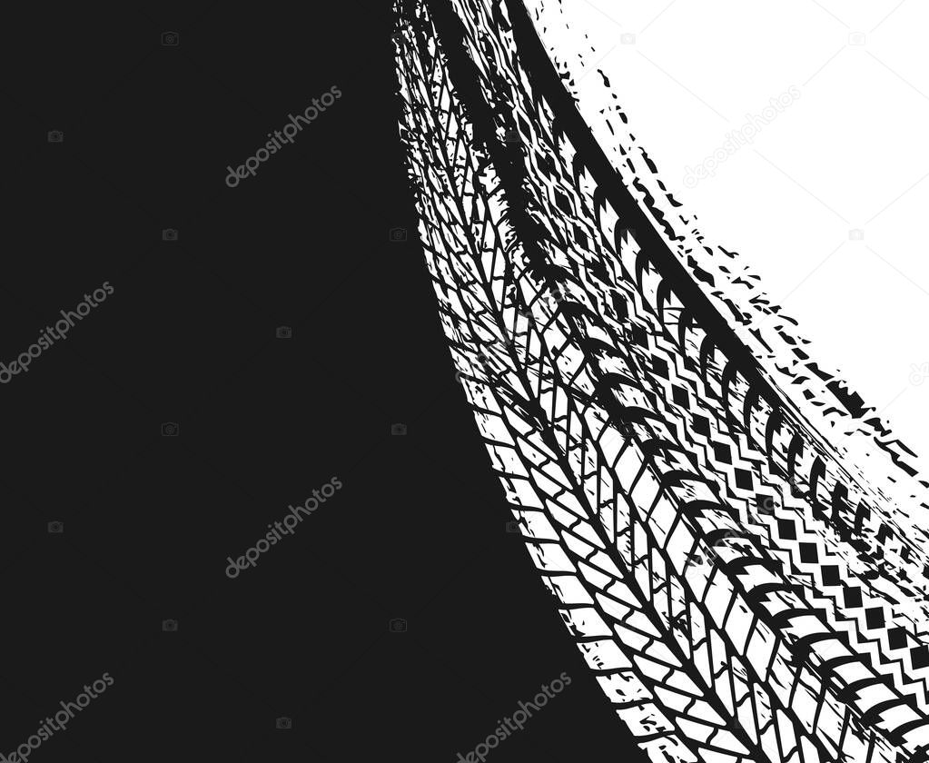 Motorsport or transport grunge background with car tires marks texture. Vehicle dirty trails, automobile or motorcycle protector white and black traces, skid treads vector. Motocross sport background