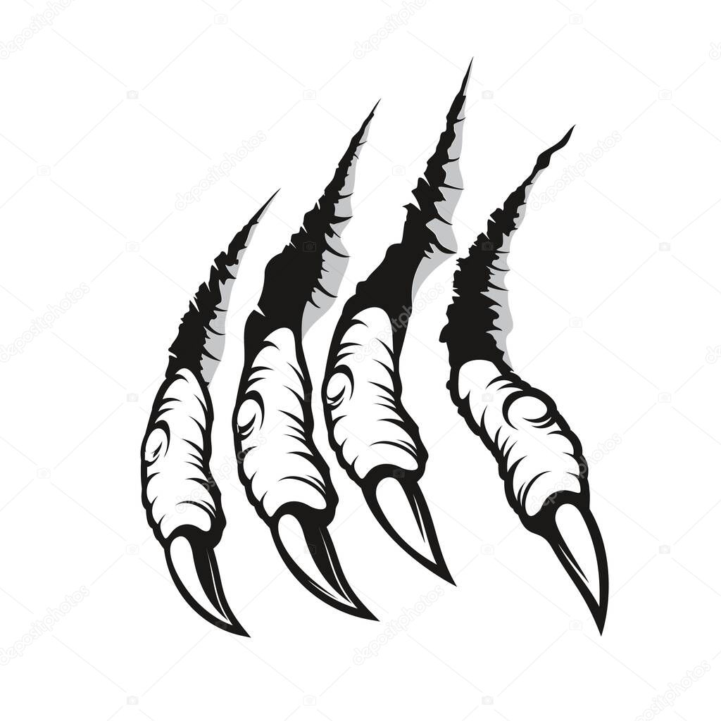 Dragon claw marks, monster fingers with long nails scratch and tear through paper or wall. Vector wild animal rips, paw sherds, beast break, four talons traces or marks isolated on white background