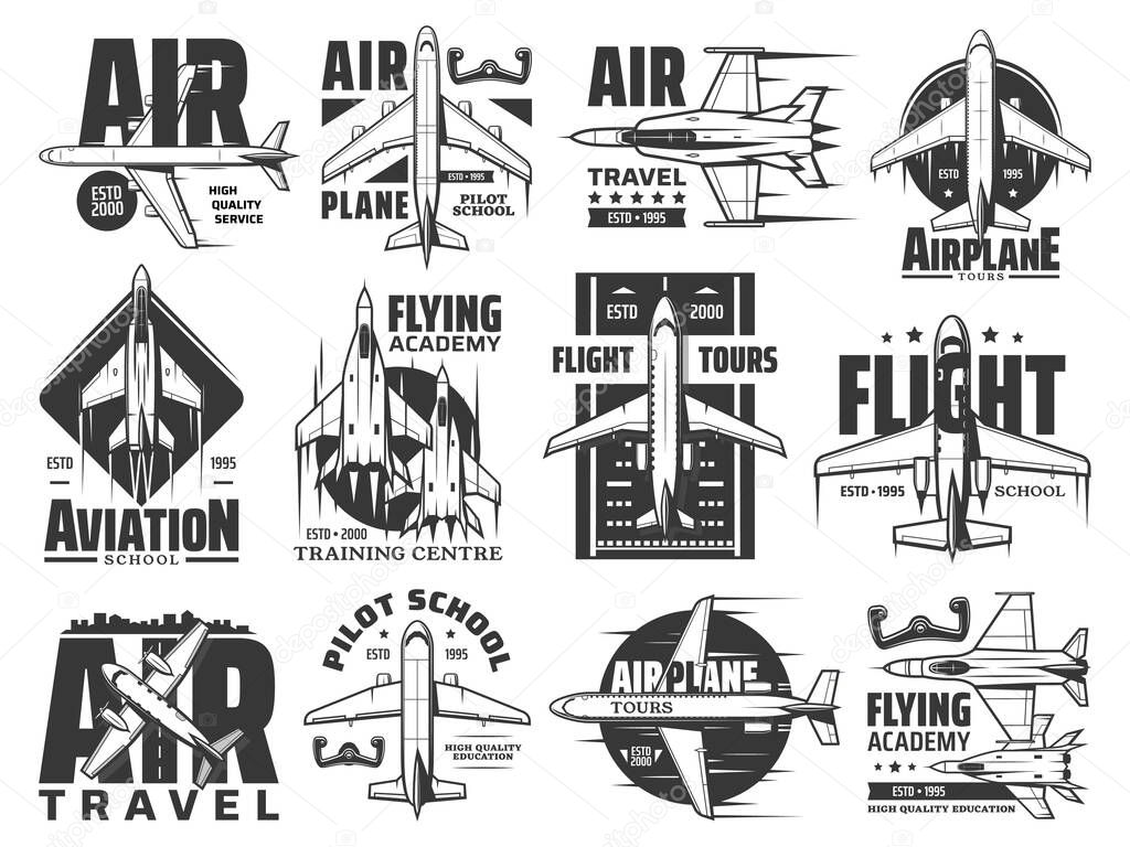 Air travel tours and aviation school icons set. Army flying academy training center, pilot courses emblem or badge. Civil passenger airliner and military jet fighters, modern propeller aircraft vector