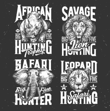 Safari av tişörtü izleri vektör gergedan, aslan, leopar ve fil vahşi Afrika hayvanlarını gösteriyor. Avcılık kulübü maskotları, avcı ya da safari sosyetesi etiketleri, hayvan kafası ya da ağızlık, giysi amblemleri.