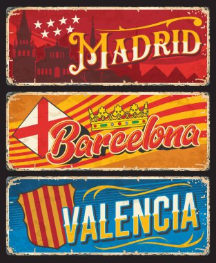İspanya Barselona, Madrid ve Valencia metal paslı plaka vektör teneke tabelaları. İspanyol ve Katalonya şehirleri paslı metal levhaları ve bayrak amblemi ve simgeli grunge işaretlerini memnuniyetle karşılıyor