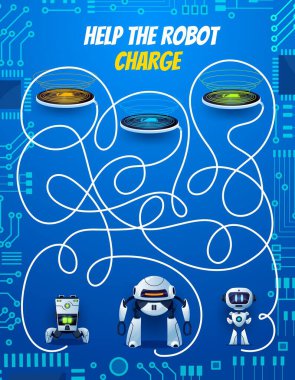 Çocuklar oyunu labirente çevirir, yol bulma görevine sahip çocuklar için oyun aktivitelerini robotların yüklemesine yardım eder. Labirent bulmacası ya da karikatür vektör androidlerle dolu bir bilmece.