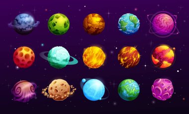 Çizgi film uzay gezegenleri vektör fantezi yabancı galaksi evreni, uzay oyunu ui veya gui. Karanlık gökyüzündeki gezegenler ve yıldızlar asteroit halkaları veya kuşaklarıyla, haleler ve meteorlar, magma, kraterler, kaya yüzeyleri