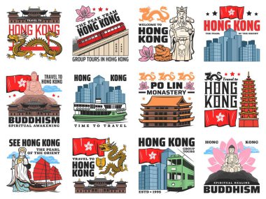 Hong Kong şehri simgeleri. Lotus, Asya ejderhası ve Hong Kong bayrağı, feribot, şehir manzarası ve Budist tapınağı, Po Lin manastırı, pagoda ve altın bauhinia, çift katlı tramvay ve tramvay.