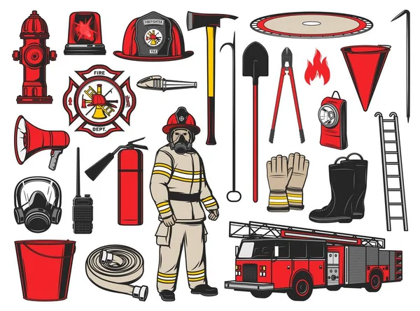 Equipo Bomberos Herramientas Lucha Contra Incendios Iconos Vectores Del Coche — Vector de stock