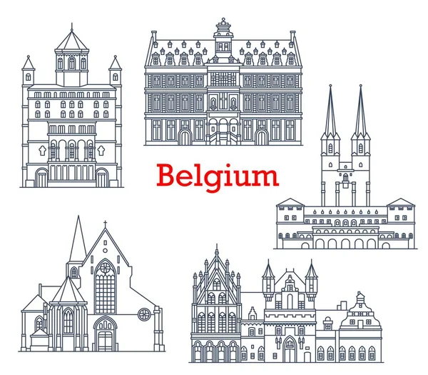 比利时旅游地标 矢量比利时观光图标 Nivelles的圣格特鲁德教堂和Mechelen的圣约翰教堂 Mechlin和Hal市的比利时市政厅Stadhuis — 图库矢量图片
