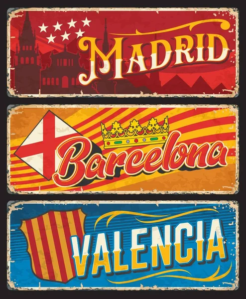 Espanha Barcelona Madrid Valência Placas Metal Enferrujado Vetor Retro Sinais —  Vetores de Stock