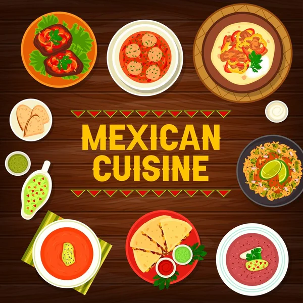 Comida Mexicana Menú Comidas Restaurante Cubierta Con Platos Carne Verduras — Vector de stock