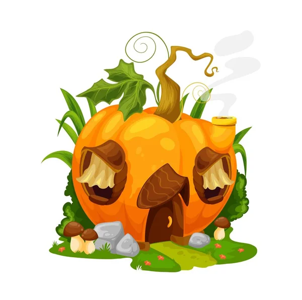 Fairytale Pumpkin House Vector Gnome Fairy Home Ripe Orange Groud — Stock Vector