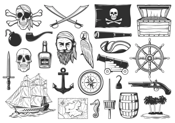 海盗和宝藏地图图标 加勒比岛屿和海上探险 海盗旗梅里 锚和罗盘 朗姆酒桶和炮弹 长丝炸弹和金箱钩鹦鹉 — 图库矢量图片