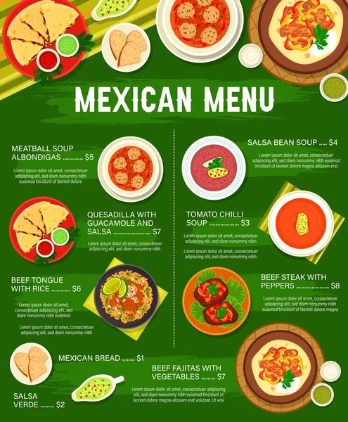 Mexican Cuisine Food Dishes Menu Template Albondigas Meatball Salsa Bean — Stock Vector