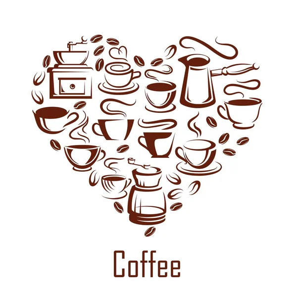 Steaming Coffee Cups Pots Beans Heart Poster Banner Vector Cafe — Stock Vector