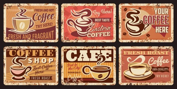 Coffee Metal Rusty Plates Cafe Breakfast Drinks Vector Vintage Posters — Stock Vector