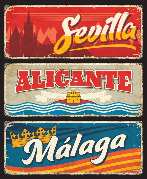 Spanje Sevilla Malaga Alicante Metalen Platen Roestige Tin Borden Vector — Stockvector