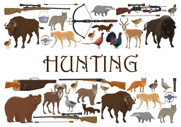 狩猟スポーツ動物や銃ハンター武器やサファリトロフィー ベクトル 野鳥キジやアフリカのサファリチーターやアヒルのための狩猟オープンシーズン野生動物やライフル銃 狩猟機器 — ストックベクタ