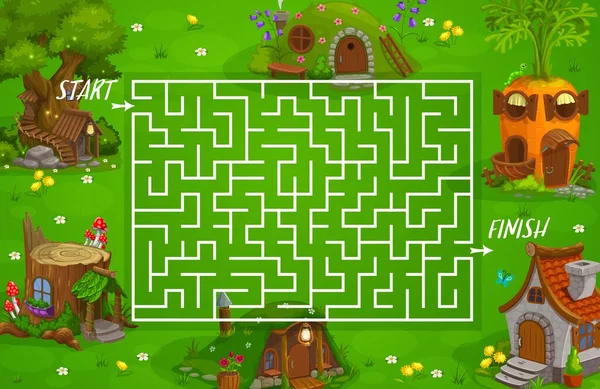 Labyrinthe Labyrinthe Maisons Fées Logements Jeu Vectoriel Pour Enfants Avec — Image vectorielle