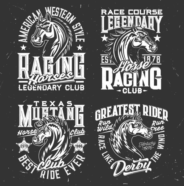 Tshirt prints with horse stallion heads, equestrian sport, racing club vector mascot. Mare animal, horse and typography on black grunge background. Bronco sports team monochrome t shirt prints set