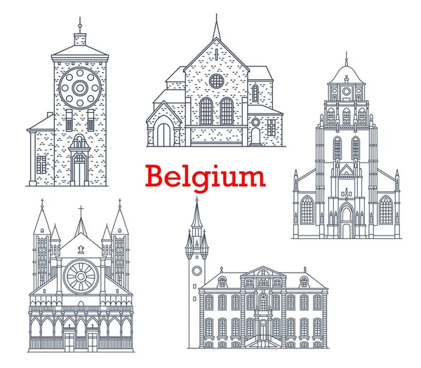 比利时的建筑地标和建筑物 矢量古城教堂和大教堂 比利时Zimmer Tower Zimmertoren Town Hall Stadhuis Paul Chapel — 图库矢量图片