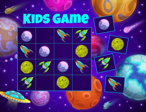 Kinder Puzzle Spiel Weltraum Planeten Und Shuttles Vektorrätsel Mit Cartoon — Stockvektor