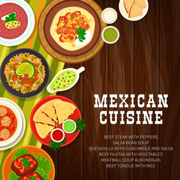 Cubierta Menú Comida Mexicana Restaurante Comidas Albóndigas Albóndigas Salsa Frijoles — Vector de stock