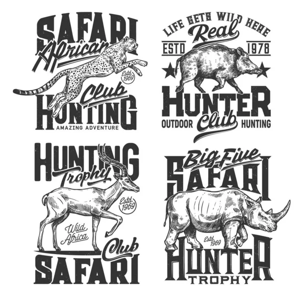 Safari Estampados Camiseta Caza Animales Del Club Caza Trofeo Cazador — Archivo Imágenes Vectoriales