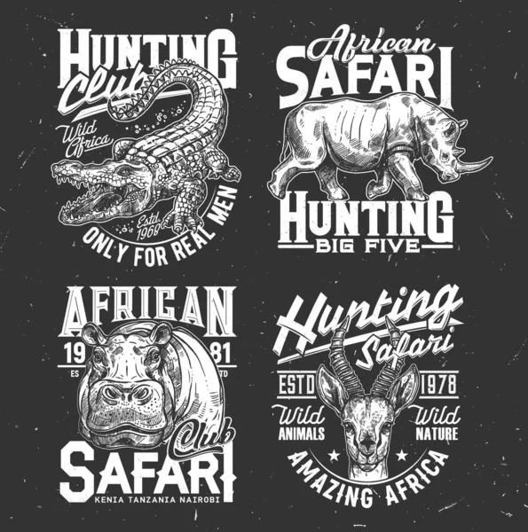 Safari Jacht Tshirt Prints Schets Vector Neushoorn Nijlpaard Krokodil Gazelle — Stockvector