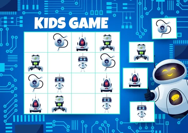 Sudoku Juego Niños Con Robots Placa Base Juego Lógico Infantil — Vector de stock
