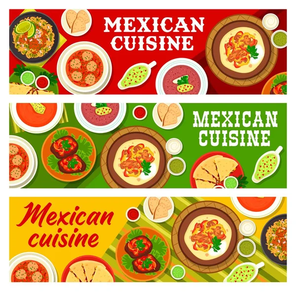 Μεξικάνικη Κουζίνα Πιάτα Πανό Γεύματα Εστιατόριο Μοσχάρι Fajitas Και Γλώσσα — Διανυσματικό Αρχείο
