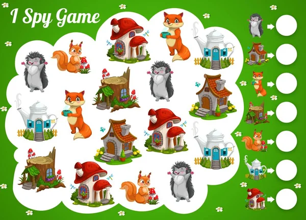 Kinderen Spioneren Spel Cartoon Fee Huizen Dieren Vector Educatieve Test — Stockvector