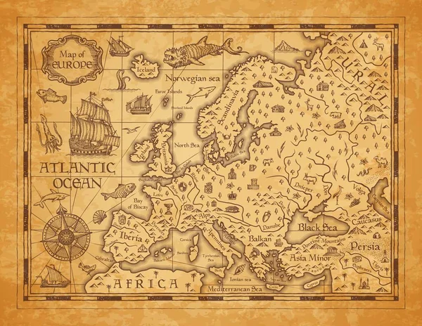 Vintage Map Europe Vector Ancient Parchment European Continent Mountain Ranges Stock Illustration