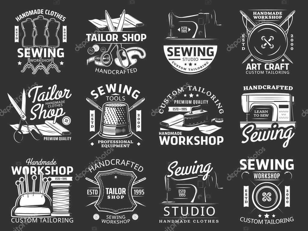 Sewing and tailor icons with isolated vector sewing tools and equipment. Thread, needle, machine and scissors, pin, button, mannequin, textile and tape measure emblems of dressmaker or tailor shop